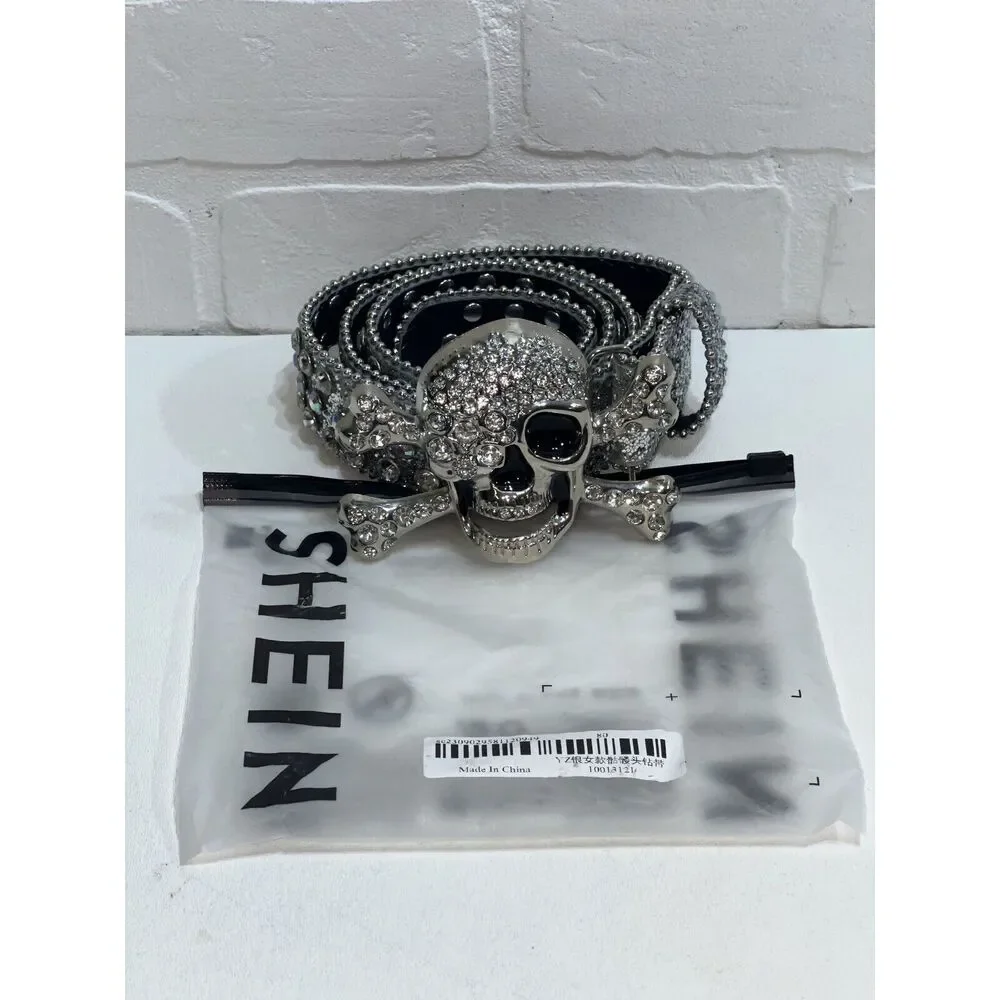 NEW! Shein Rhinestone Skull Buckle Belt Size 80 Silver Sparkle Color - Picture 4 of 6